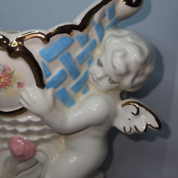 Ceramic Cherub Planter Vase with Gold Accents & Delicate Floral Design - Picture 5 of 8
